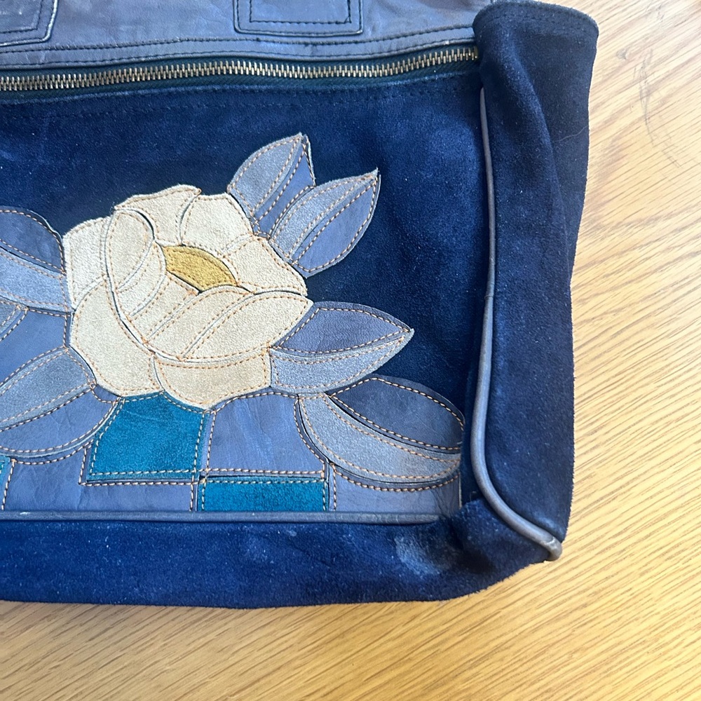 Elegant Navy Blue Floral Tote Bag suede magnolia pattern worn but mostly clean - Picture 4 of 6